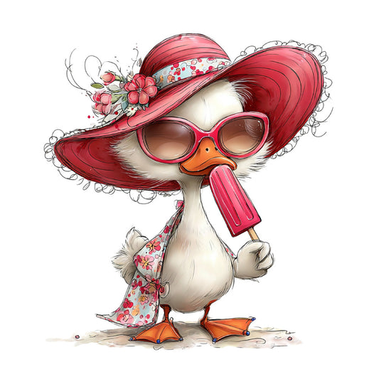 coral pink, hot pink, crimson red, white, cream, orange, sunglasses, flowers, floral, animals, birds, duck, goose, whimsical, playful, summer, spring, cheerful, cute, children's, kids, fashion, trendy, stylish, botanical, hat, accessory, decorative, colorful, fun