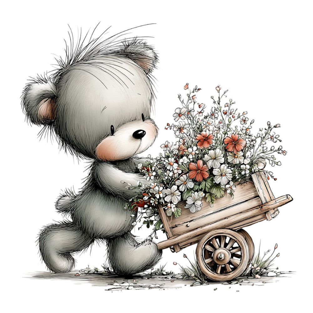 teddy bear, floral, cute animals, spring flowers, woodland, whimsical, baby, children's, daisy, coral orange, cream white, gray, soft pastels, vintage cart, cottage core, nursery, sweet, gentle, nature, botanical, butterflies, rustic, charming, baby shower, gender neutral, storybook illustration, delicate, adorable, springtime