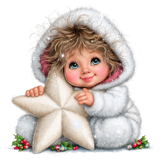 winter white, cream, soft pink, rosy cheeks, taupe, brown hair, blue eyes, baby face, cherub, angel, child, festive, holiday, christmas, winter, snow, fluffy, cozy, whimsical, vintage, nostalgic, retro, sweet, cute, decorative, home decor, wall hanging, baby quilt, children's fabric, festive holiday