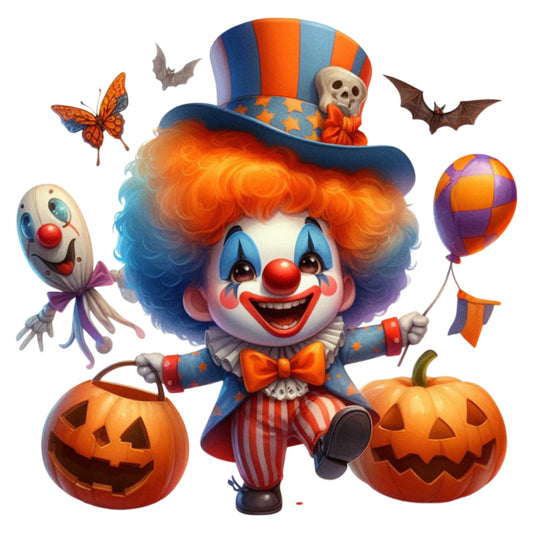 halloween, clown, orange, blue, red, purple, pumpkin, jack-o-lantern, bat, butterfly, balloon, skull, top hat, whimsical, festive, autumn, fall, spooky, colorful, striped, polka dot, children's, playful, costume, circus, holiday, party, decorative, vibrant, cheerful