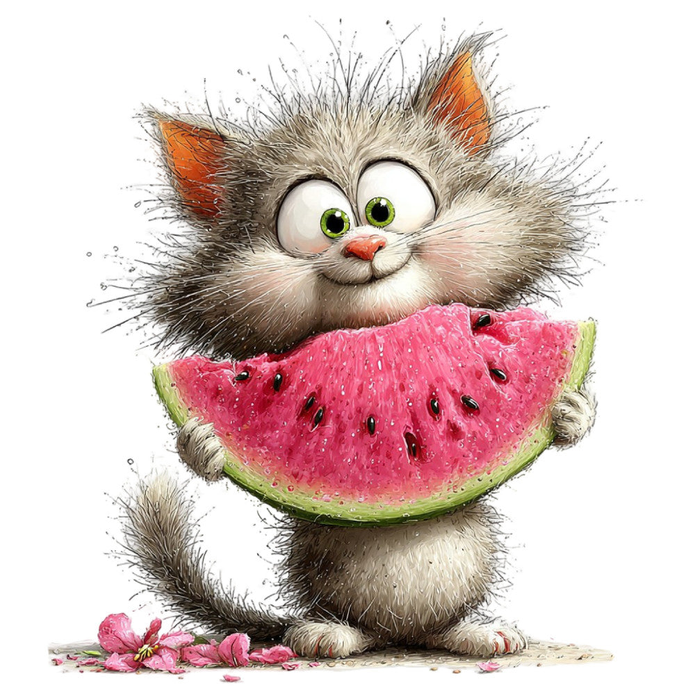 cute cat, gray cat, orange ears, green eyes, watercolor cat, whimsical animals, playful cat, watermelon, pink watermelon, summer fruit, bright pink, coral pink, soft gray, cream white, orange accents, animal illustration, children's fabric, kids theme, summer theme, food motif, fruit theme, whimsical style, fun animals, playful design, innocent expression, cartoon cat, illustrated animals, cheerful colors, expressive eyes, nature inspired