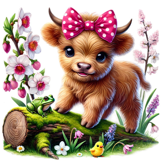 Springtime Highland Cows Fabric Panel 2 features a cute calf with a pink bow among spring flowers, a frog, and a chick on a log.