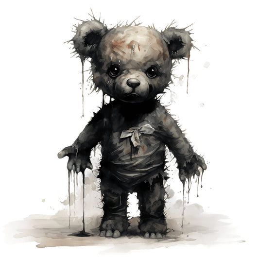 dark gray, charcoal, black, cream, beige, tan, distressed, watercolor, abstract, teddy bear, bear, animals, woodland, whimsical, dark, moody, damaged bear, worn, vintage, grunge, artistic, illustration, children, nursery, gothic, haunting, textured, splatter, ink wash, quirky