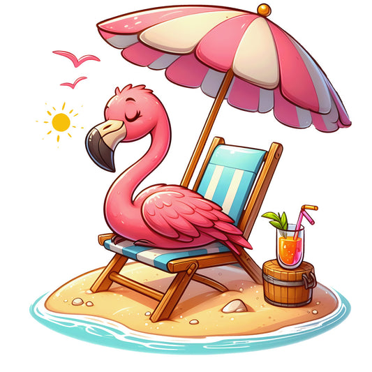 flamingo, pink, coral, tropical bird, beach scene, umbrella, beach chair, cocktail drink, sand, turquoise water, cartoon style, whimsical, summer theme, vacation motif, fabric panel, quilting cotton, nursery design, playful illustration, sunny day, tropical paradise