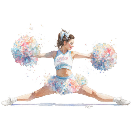 cheerleader, watercolor, pastel pink, pastel blue, pastel yellow, watercolor splatter, abstract, whimsical, sports, dance, athletic, girl power, feminine, modern, colorful, rainbow, pom poms, dynamic pose, energetic, youth, cheerleading uniform, splatter art, artistic, contemporary, inspirational, sports enthusiast, teen, young adult, wall art