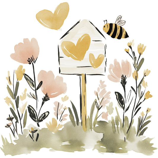 cream, gold, pale pink, sage green, soft yellow, black accents, floral, nature, botanical, whimsical, spring, summer, bees, hearts, flowers, leaves, gentle, soft, watercolor, meadow, garden, cottage, farmhouse, baby, nurturing, delicate, pastoral, wildflowers, honeybees, romantic