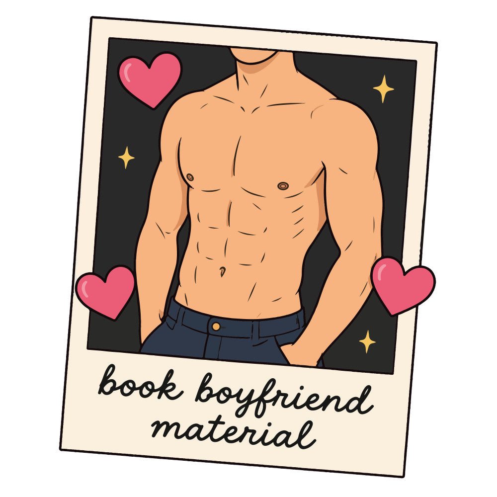 book boyfriend material, humorous, funny text, shirtless man, muscular, romance, romantic comedy, hearts, pink hearts, gold stars, navy blue, peach skin tone, black background, whimsical, playful, literary humor, book lover, romance reader, adult humor, sarcastic, cheeky, contemporary style, novelty print, pop culture, trendy, fun and flirty, illustrated portrait, decorative accent