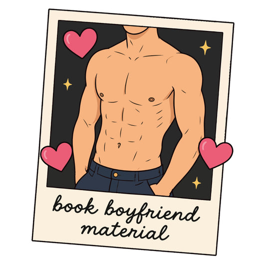 book boyfriend material, humorous, funny text, shirtless man, muscular, romance, romantic comedy, hearts, pink hearts, gold stars, navy blue, peach skin tone, black background, whimsical, playful, literary humor, book lover, romance reader, adult humor, sarcastic, cheeky, contemporary style, novelty print, pop culture, trendy, fun and flirty, illustrated portrait, decorative accent