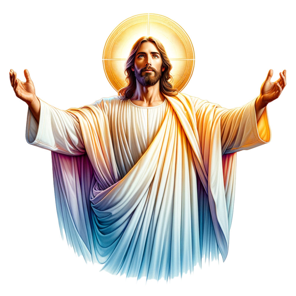 watercolor style, jesus christ, easter theme, religious imagery, golden halo, white robes, flowing garments, spiritual figure, divine light, outstretched arms, bearded man, long hair, fabric panel, quilting material, christian motif, resurrection theme, holy figure, gradient colors, cream tones, golden yellow, soft blues