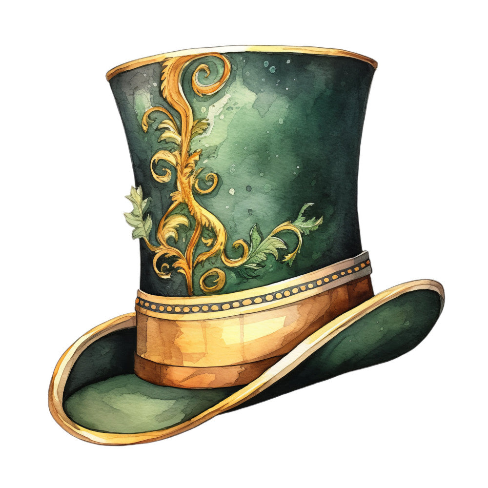 forest green, gold, bronze, brown, ornamental scrolls, floral, victorian, steampunk, whimsical, elegant, vintage, decorative hat, top hat, botanical elements, leaves, baroque, ornate, luxe, fancy dress, costume, st. patrick's day, irish, fantasy, steampunk fashion, gold trim, beaded details, detailed embellishment, novelty print, magical, theatrical