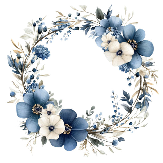 blue and white floral, slate blue, navy blue, cream white, dusty blue, watercolor flowers, floral wreath, botanical, nature themed, elegant, romantic, vintage style, spring flowers, garden flowers, anemone flowers, small flowers, berries, leaves, delicate florals, soft colors, muted tones, traditional floral, timeless design, circular wreath, dimensional flowers, cottage style, classic florals