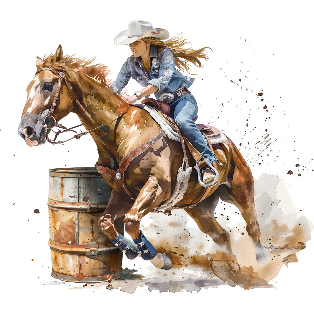 barrel racing, rodeo, cowgirl, western, horse, brown horse, denim, tan, cream, dust, action, dynamic, rustic, equestrian, sports, athletic, ranch, country, western wear, watercolor, splatter effect, movement, western theme, adventure, outdoor, traditional, americana, dust cloud, horsewoman, competitive
