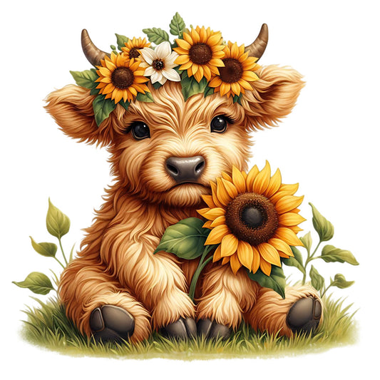 Sunflower Highland Cows Fabric Panel 25 featuring a cute highland cow with sunflowers on its head and holding a sunflower on grass.