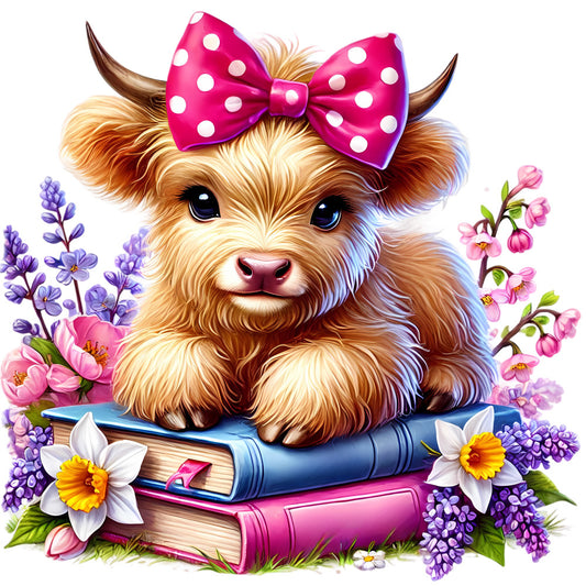 Springtime Highland Cows Fabric Panel 1 featuring a cute calf with a pink bow on books surrounded by spring flowers in bright colors