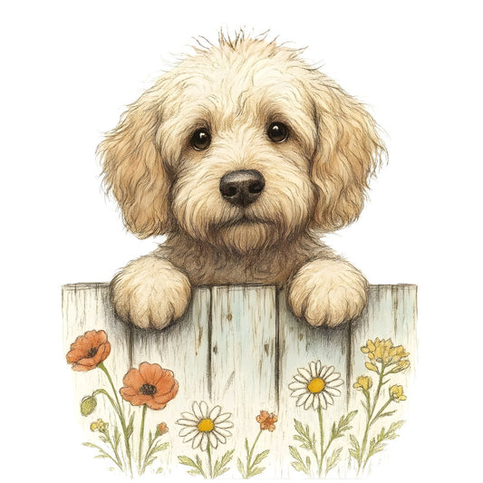 cream, tan, beige, soft brown, rust orange, golden yellow, white, dog, doodle, puppy, poppies, daisies, wildflowers, floral, nature, animals, whimsical, sweet, cute, farmhouse, cottage, rustic, spring, summer, fence, garden, gentle, charming, illustrated, watercolor style