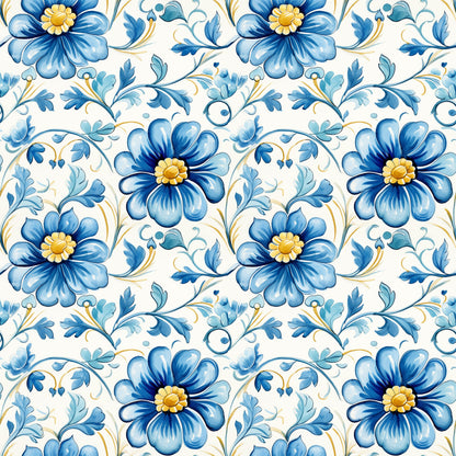 Blue Handpainted Tiles Pattern 5 Quilting Cotton Fabric