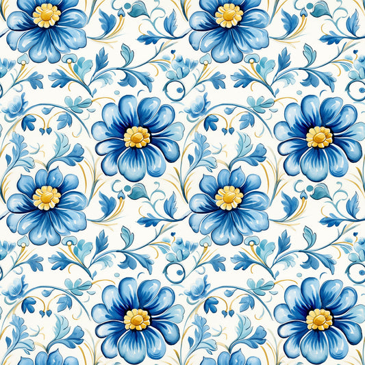 Blue Handpainted Tiles Pattern 5 Quilting Cotton Fabric