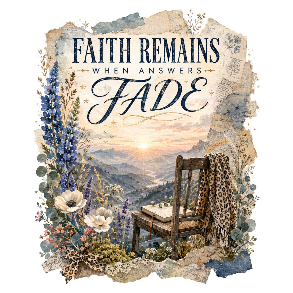 faith remains when answers fade, inspirational quote, navy blue, cream, dusty rose, sage green, gold accents, floral pattern, wildflowers, botanical, vintage aesthetic, rustic style, spiritual theme, religious sentiment, landscape scenery, mountain vista, sunset, chair with blanket, dried flowers, lavender, lupine, white anemone, lace details, bohemian, elegant, contemplative, faith based, motivational, peaceful, nature inspired