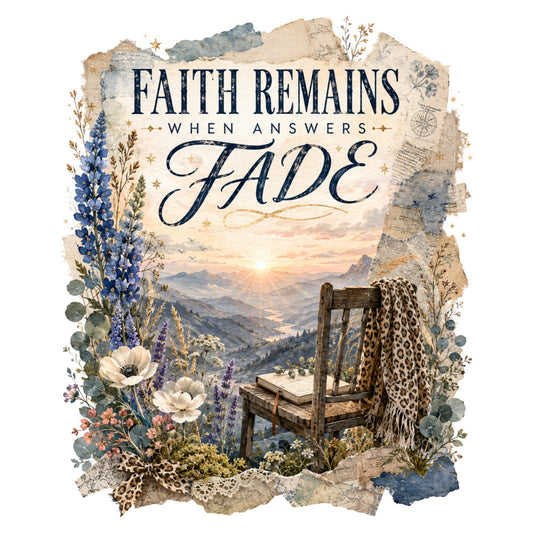 faith remains when answers fade, inspirational quote, navy blue, cream, dusty rose, sage green, gold accents, floral pattern, wildflowers, botanical, vintage aesthetic, rustic style, spiritual theme, religious sentiment, landscape scenery, mountain vista, sunset, chair with blanket, dried flowers, lavender, lupine, white anemone, lace details, bohemian, elegant, contemplative, faith based, motivational, peaceful, nature inspired