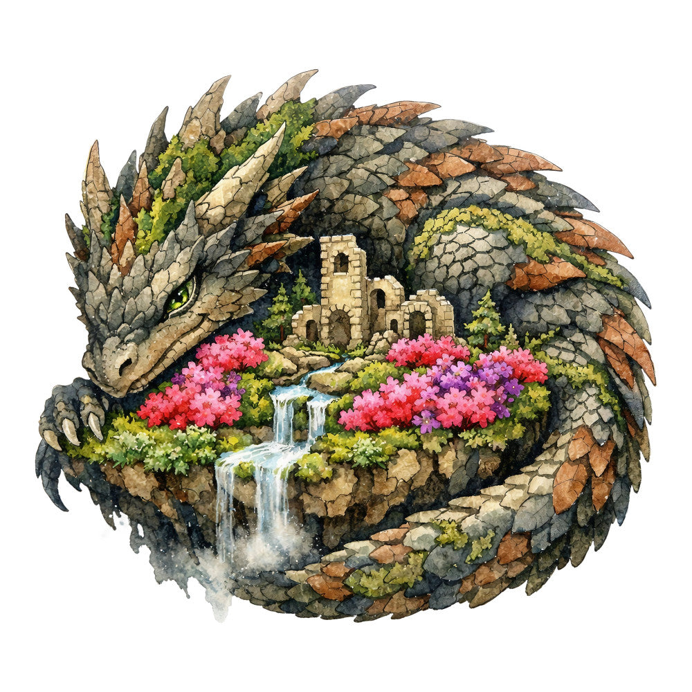 dragon, fantasy, magical creature, nature scene, waterfall, castle ruins, floral, flowers, pink flowers, purple flowers, red flowers, moss green, sage green, stone gray, earth tones, copper, bronze, scales, detailed, whimsical, enchanted, mythical, garden landscape, water feature, moss, ivy, botanical, adventure, storybook, fairytale