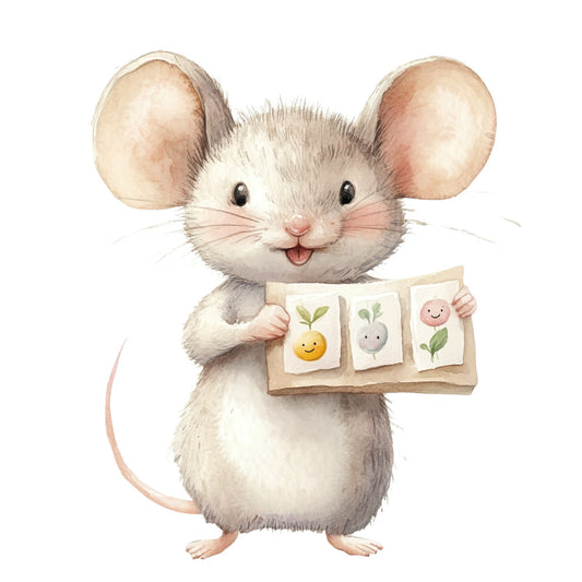 cute mouse, whimsical animals, baby fabric, nursery theme, children's illustration, soft pastels, cream, beige, tan, blush pink, light gray, sweet character, cheerful design, spring theme, playful style, animal characters, adorable motif, smiling faces, nature elements, flowers, fruit, sunny yellow, innocent style, storybook illustration, gender neutral, toddler friendly, decorative panels, cute creatures, woodland animals, gentle colors