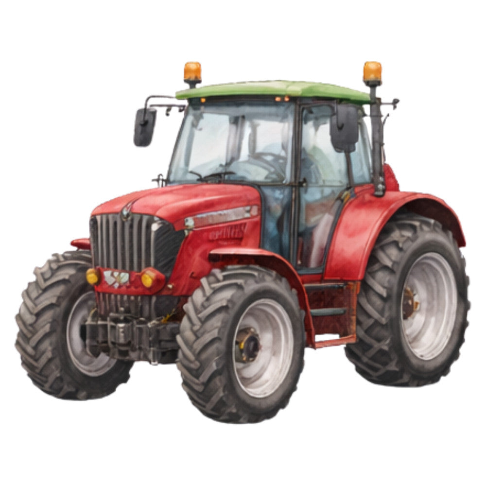 red tractor, farm, farming, agricultural, countryside, rural, vehicle, machinery, red, green, yellow, gray, children's, kids, boys, whimsical, playful, novelty, transportation, equipment, harvest, farmhouse, rustic, vintage, illustrated, detailed, large scale print, themed panel