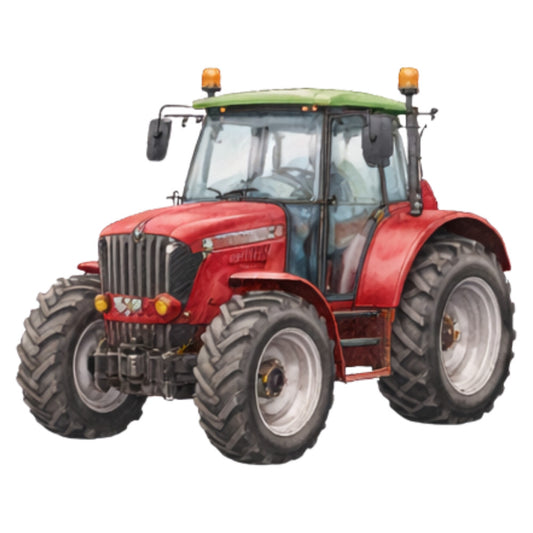 red tractor, farm, farming, agricultural, countryside, rural, vehicle, machinery, red, green, yellow, gray, children's, kids, boys, whimsical, playful, novelty, transportation, equipment, harvest, farmhouse, rustic, vintage, illustrated, detailed, large scale print, themed panel