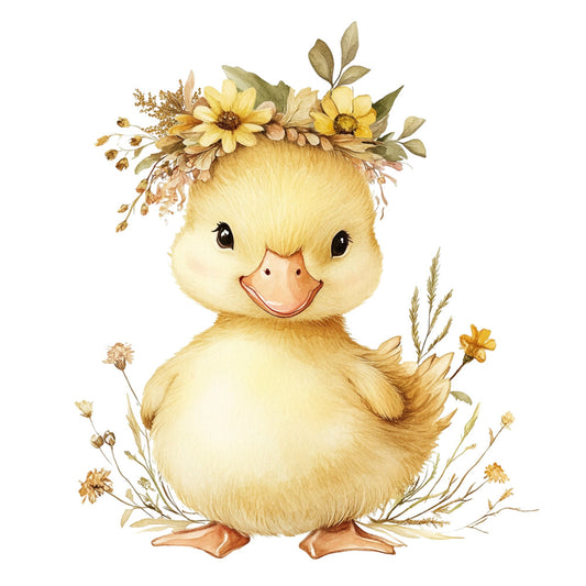 cream yellow duckling, pale yellow, warm gold, burnt orange, sage green, soft florals, floral crown, daisy, yellow flowers, cute animals, baby duck, duckling, farmhouse style, whimsical, nursery, children's, spring, summer, nature, botanical, adorable, gentle, soft, sweet, country, pastoral, baby quilt, wall art, panel design, animal illustration