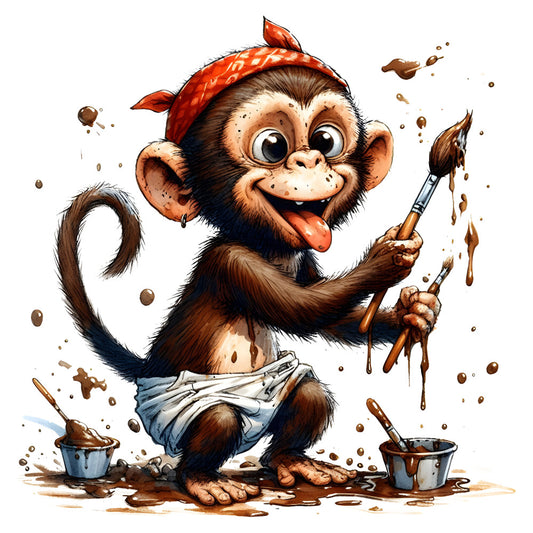 playful monkey, whimsical animals, artist monkey, painting monkey, creative character, brown tones, burnt orange, cream white, light blue, paint splatter, artistic theme, children's fabric, kids theme, cartoon style, fun character, playful design, animal character, creative arts, paint brushes, colorful splatter, quirky style, juvenile theme, playful character, artist theme, paint palette, fun and whimsical, character panel, illustrative design, adorable animals