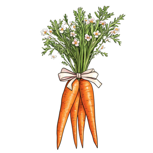 carrot orange, cream white, sage green, blush pink, floral, botanical, vegetable, nature, garden, farmhouse, rustic, whimsical, spring, summer, vintage, charming, hand-drawn, illustration style, bunch of carrots, wildflowers, daisy flowers, ribbon bow, organic, cottage core, folk art, country, nursery, food themed, produce, natural