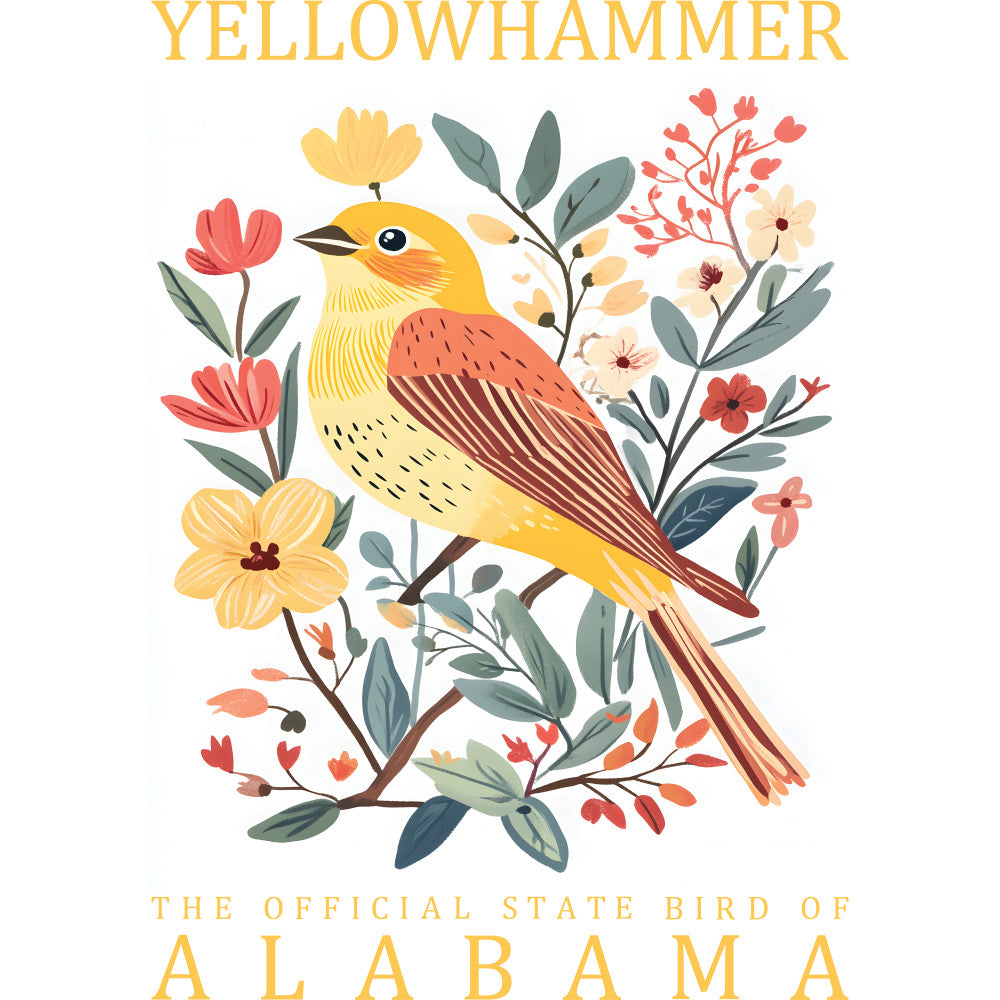 yellowhammer bird, state bird, alabama, yellow tones, coral pink, sage green, floral motif, botanical elements, folk art style, decorative branches, songbird illustration, nature design, warm colors, fabric panel, quilting cotton, whimsical artwork, bird lover theme, spring flowers, artistic rendering, charming illustration