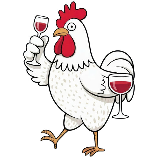 rooster, wine, red wine, white, cream, tan, gold, orange, farmhouse, farm animal, country, rustic, whimsical, humorous, funny, drinking, celebration, festive, kitchen, vineyard, wine themed, poultry, bird, playful, vintage, folk art, novelty, culinary, chef themed, home decor
