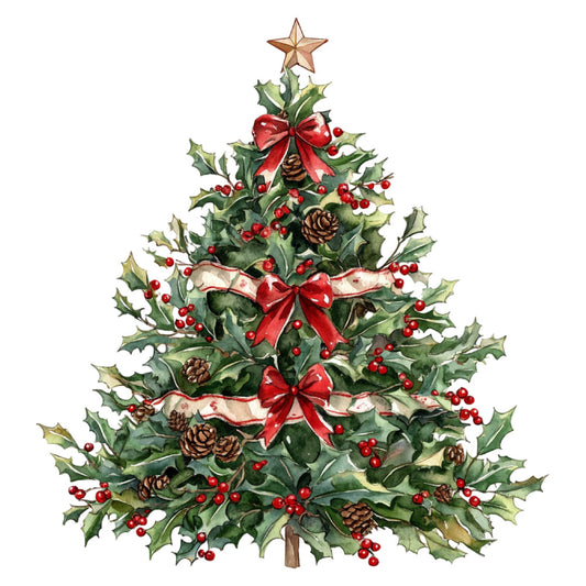 holly leaves, red berries, pine cones, gold star, red bows, forest green, cream, bronze, holiday, christmas, traditional, elegant, nature, botanical, festive, seasonal, winter, tree, decorative, vintage, rustic, warm tones, classic, celebration, ornamental, evergreen, ribbon accents, berry clusters, natural elements