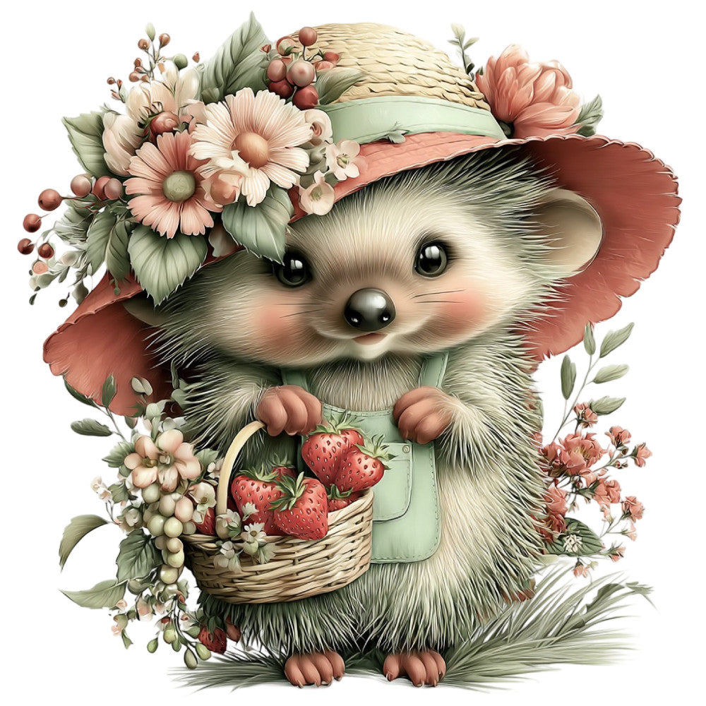 hedgehog, cute animals, woodland creatures, spring, floral, strawberries, daisies, botanical, nature, garden, whimsical, children's, baby, pastel colors, soft pink, sage green, cream, blush, vintage style, storybook, nursey, animal friends, berries, flowers, gentle, sweet, illustration, charming, decorative panel, kids fabric