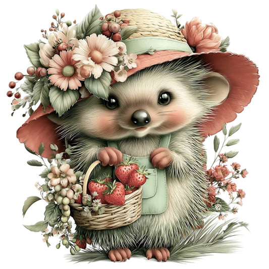 hedgehog, cute animals, woodland creatures, spring, floral, strawberries, daisies, botanical, nature, garden, whimsical, children's, baby, pastel colors, soft pink, sage green, cream, blush, vintage style, storybook, nursey, animal friends, berries, flowers, gentle, sweet, illustration, charming, decorative panel, kids fabric