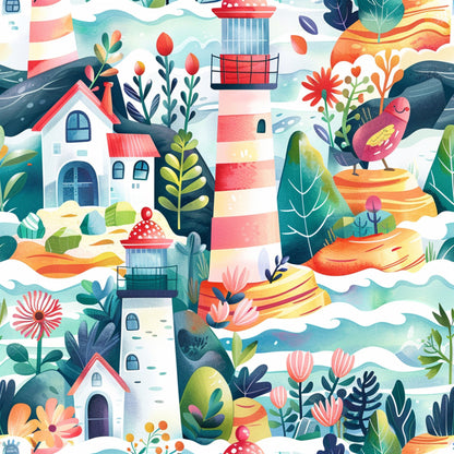 Springtime Lighthouse Scene Pattern 6 Quilting Cotton Fabric