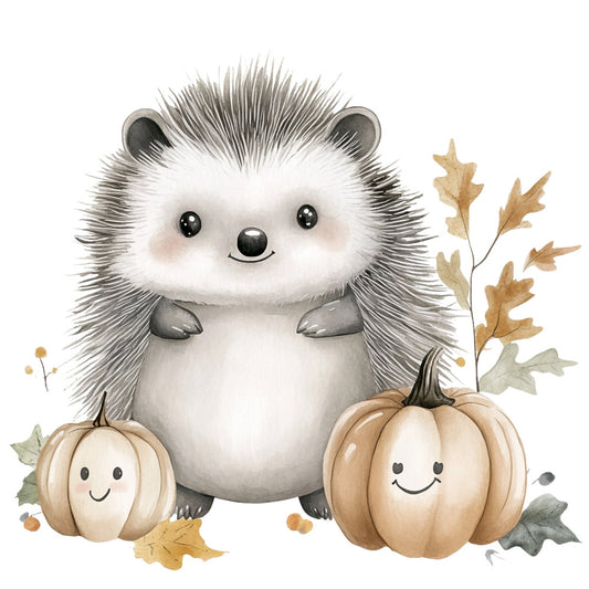 hedgehog, autumn, fall, pumpkin, cream white, tan, beige, gray, brown, woodland, forest, nature, animals, whimsical, cute, adorable, children, kids, baby, harvest, thanksgiving, seasonal, leaves, oak leaves, smiling pumpkins, cozy, rustic, farmhouse, illustration, watercolor
