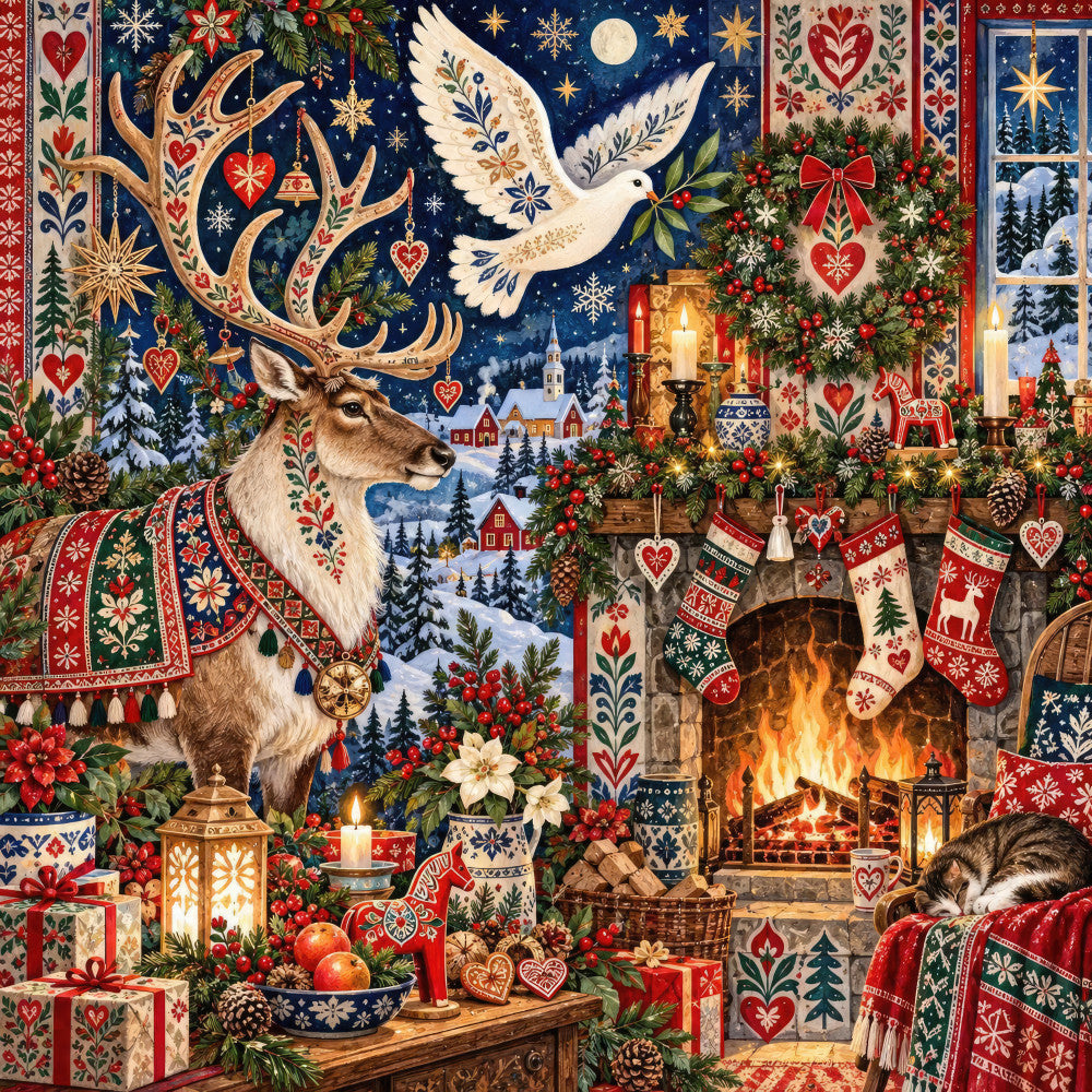 christmas, holiday, winter, festive, reindeer, dove, peace, dove of peace, snow, snowflake, starry night, celestial, moon, stars, fireplace, cozy, traditional, elegant, red, navy blue, gold, cream, forest green, heart motifs, ornamental, decorative, scandinavian, folk art, vintage christmas, rustic holiday