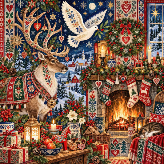 christmas, holiday, winter, festive, reindeer, dove, peace, dove of peace, snow, snowflake, starry night, celestial, moon, stars, fireplace, cozy, traditional, elegant, red, navy blue, gold, cream, forest green, heart motifs, ornamental, decorative, scandinavian, folk art, vintage christmas, rustic holiday