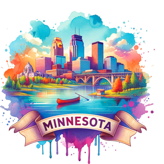 US States Retro Travel Fabric Panel 37 featuring a colorful Minnesota cityscape with river, bridge, and fall foliage in vibrant watercolor style.