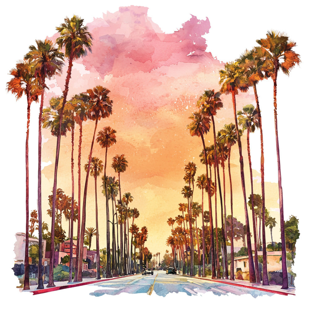 pink sunset, orange sky, palm trees, tropical scene, street view, california landscape, watercolor style, fabric panel, quilting cotton, warm colors, peachy tones, boulevard scene, vintage cars, dreamy atmosphere, sunset hues, coastal vibes, summer theme, artistic rendering, cotton fabric, craft panel