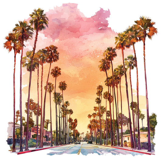 pink sunset, orange sky, palm trees, tropical scene, street view, california landscape, watercolor style, fabric panel, quilting cotton, warm colors, peachy tones, boulevard scene, vintage cars, dreamy atmosphere, sunset hues, coastal vibes, summer theme, artistic rendering, cotton fabric, craft panel