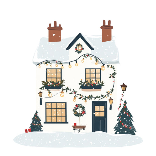 christmas, holiday, winter, snow, festive, house, cottage, gingerbread house, cream, ivory, navy blue, forest green, red, gold, brown, wreath, garland, ornaments, bells, lanterns, window boxes, door, chimney, trees, evergreen, rustic, traditional, whimsical, seasonal, home decor