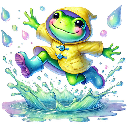 lime green, bright yellow, purple, turquoise, rainbow colors, pastel, whimsical, playful, children's, frog, animals, water splash, rain boots, raincoat, splashing water, joy, happy, cute, character, cartoon style, modern, vibrant, colorful, spring, summer, baby quilt, kids fabric, adventure, fun, novelty