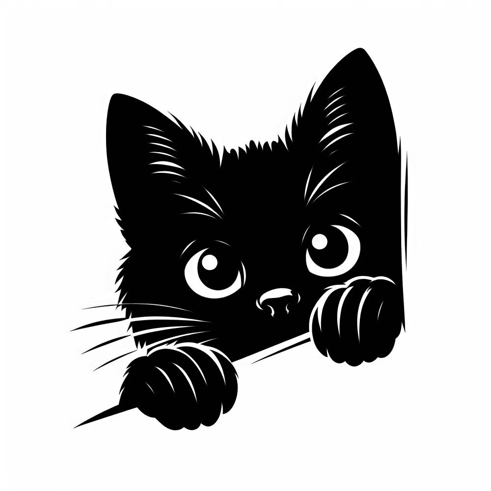 black cat, white eyes, peeking cat, silhouette design, monochrome, fabric panel, quilting cotton, cat paws, whiskers, feline, minimalist art, cute kitten, animal motif, black and white, sewing panel, craft fabric, pet themed, simple illustration, playful cat, kitty design
