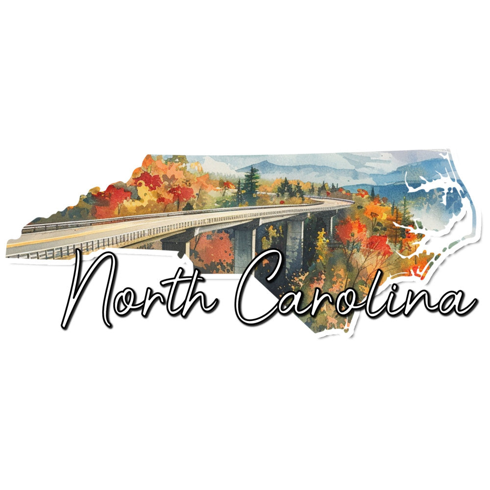 north carolina, state pride, autumn landscape, fall foliage, red leaves, orange leaves, golden yellow, forest green, mountain scenery, highway bridge, viaduct, scenic route, travel theme, americana, regional, nature scene, landscape panel, four seasons, autumn colors, rustic style, vintage travel, scenic beauty, evergreen trees, mountain vista, state souvenir, geography themed, mapel leaf motif, road trip, travel inspired, americana quilting