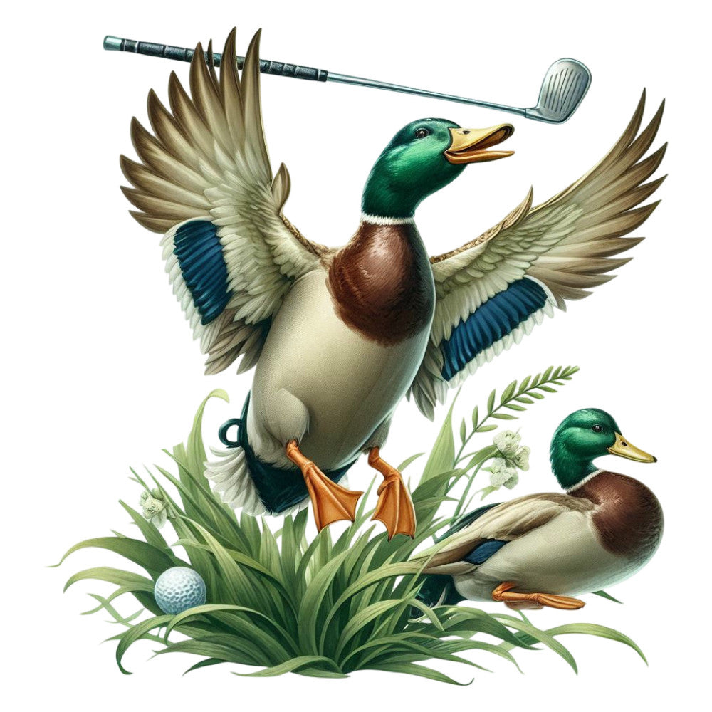 mallard duck, green head, brown chest, cream white, teal blue, gold yellow, orange feet, waterfowl, nature, wildlife, birds, golf theme, sports, outdoor, pond, marsh grass, whimsical, vintage, traditional, elegant, recreational, summer, spring, male duck, drake, naturalistic illustration, detailed artwork, cottage core, country, sporting theme