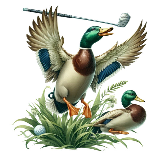 mallard duck, green head, brown chest, cream white, teal blue, gold yellow, orange feet, waterfowl, nature, wildlife, birds, golf theme, sports, outdoor, pond, marsh grass, whimsical, vintage, traditional, elegant, recreational, summer, spring, male duck, drake, naturalistic illustration, detailed artwork, cottage core, country, sporting theme