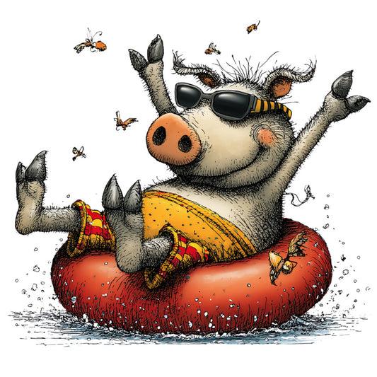 possum, sunglasses, water, float, swimming, summer, whimsical, playful, animals, nature, fun, children, kids, orange, red, yellow, black, cream, striped, bee, insects, happy, cheerful, novelty, cartoon style, humorous, relaxation, leisure, bath time, nursery