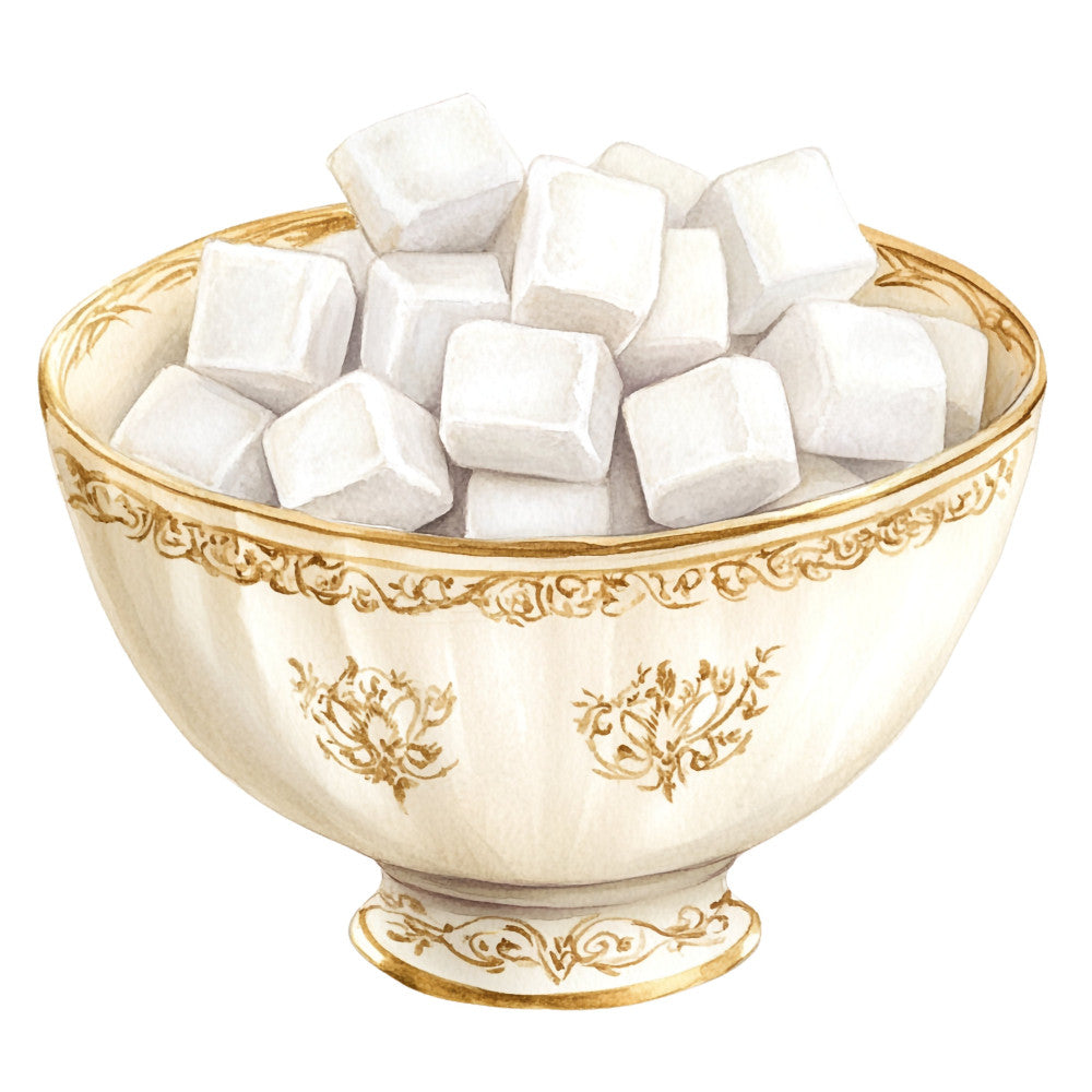 cream, gold, ivory, ornate, decorative, elegant, vintage, traditional, botanical, floral, damask, baroque, luxury, tea time, sugar cubes, dessert, kitchen, home decor, sophisticated, classic, ornamental, scrollwork, botanical motifs, refined, timeless, european, formal, table decor, culinary